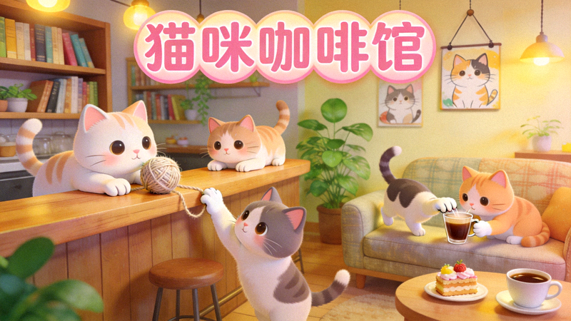 休闲解谜游戏《猫咪咖啡馆》温馨游戏画面，多只可爱猫咪在咖啡馆内互动